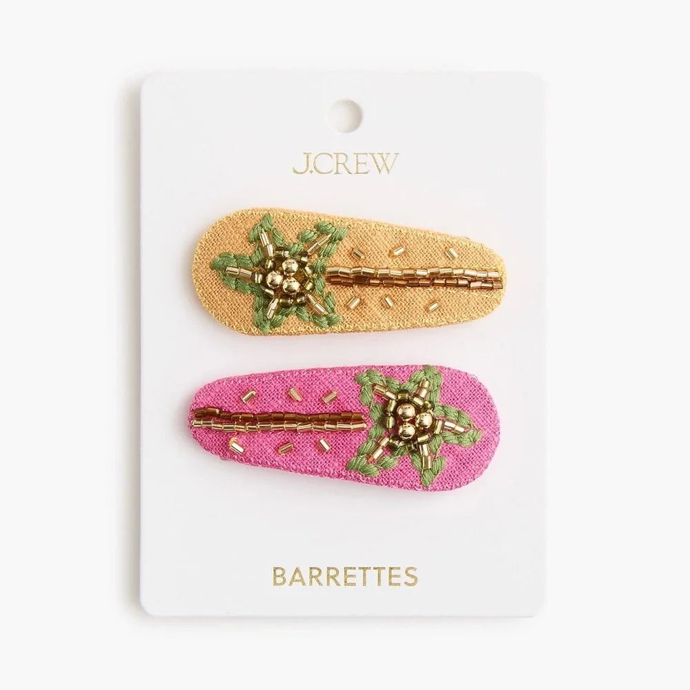$40 NWT J. Crew Yellow Pink Embroidered Beaded Palm Tree Barrettes Hair Clips